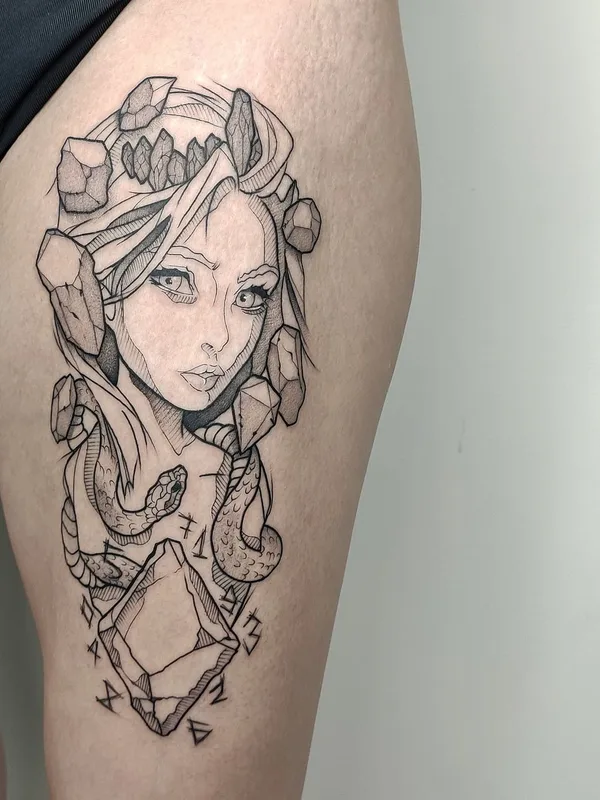 female black and grey blackwork татуировка на thigh #51758 | Тату мастер Илья Сергеев