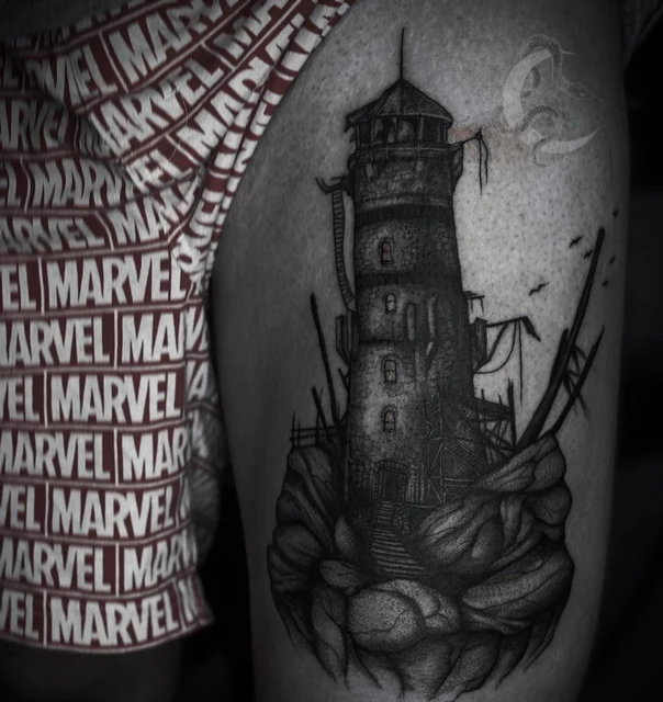 Блэкворк Lighthouse, Rock tattoo на Thigh
