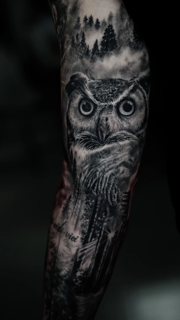 Realism Owl, Forest tattoo on Full Sleeve