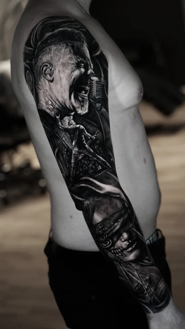 Realism Portrait, Skull tattoo on Full Sleeve