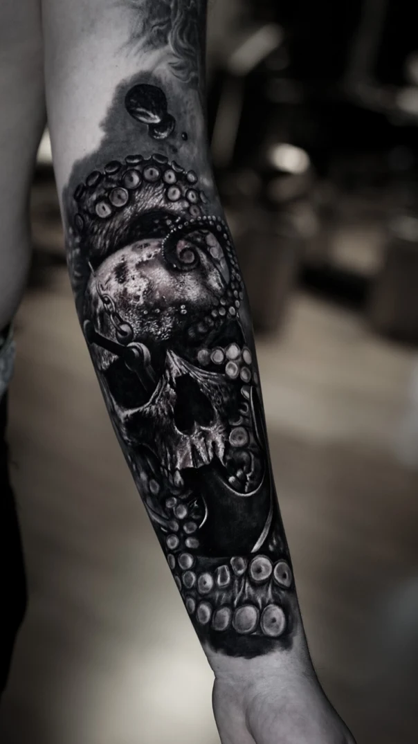 Black & Grey Skull, Octopus tattoo on Forearm