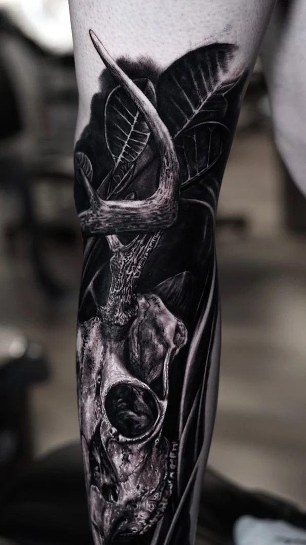Black & Grey Skull, Deer tattoo on Calf