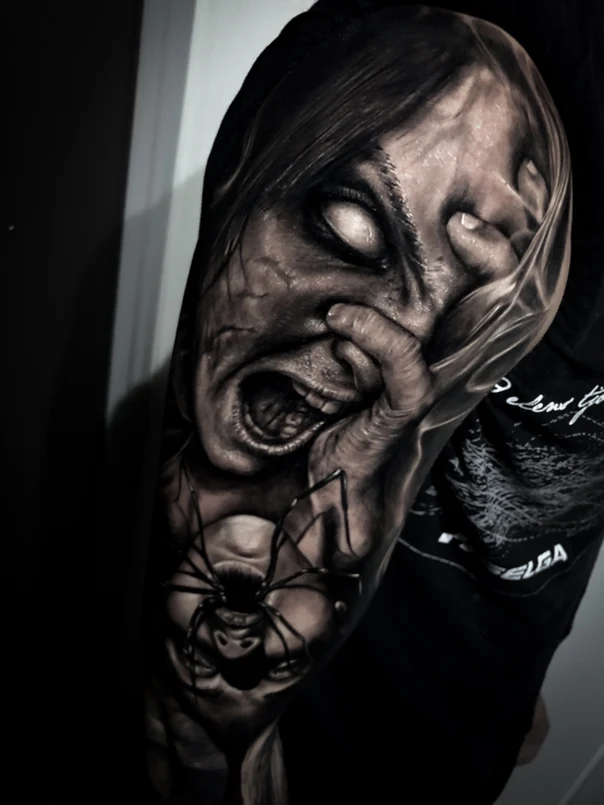 Realism Face, Spider tattoo on Full Sleeve