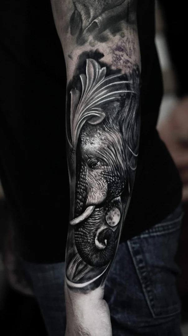 Realism Elephant, Floral tattoo on Full Sleeve