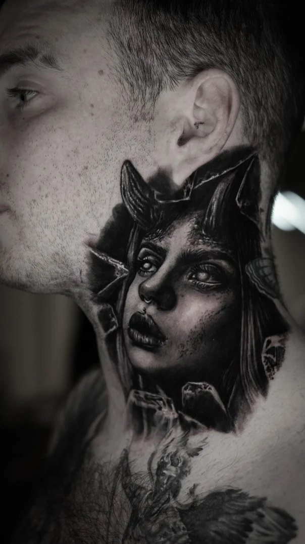 Black & Grey Demon, Portrait tattoo on Neck