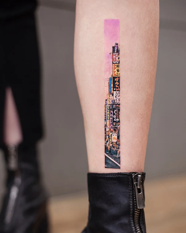 Illustrative Cityscape, Buildings tattoo on Calf