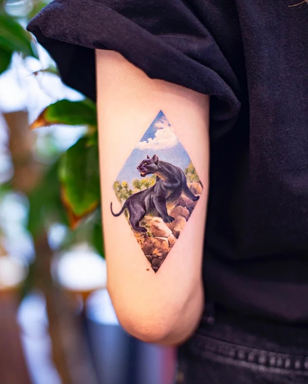 Realism Panther, Landscape tattoo on Forearm