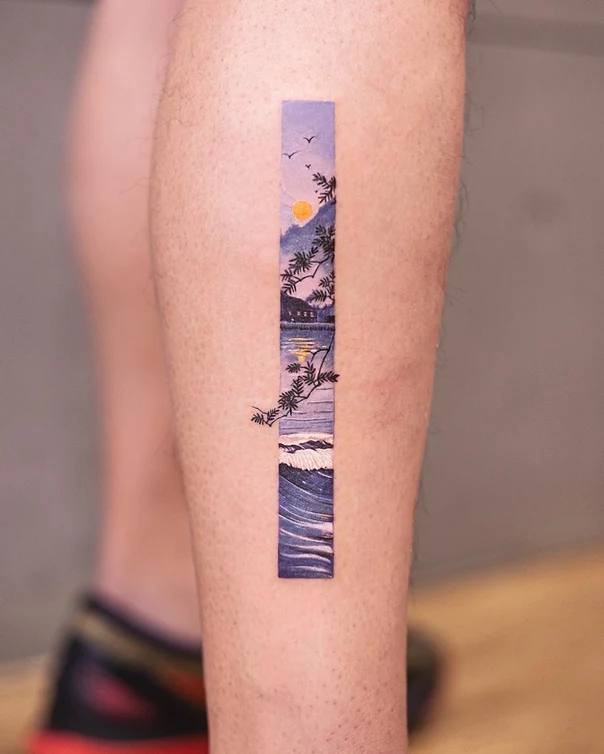Illustrative Landscape, Mountain tattoo on Calf