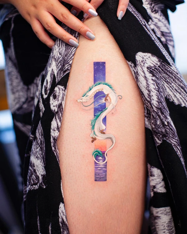 Illustrative Dragon, Landscape tattoo on Thigh