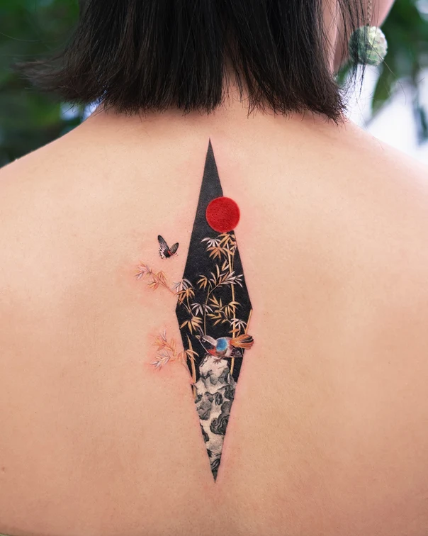 Japanese Bird, Bamboo tattoo on Upper Back