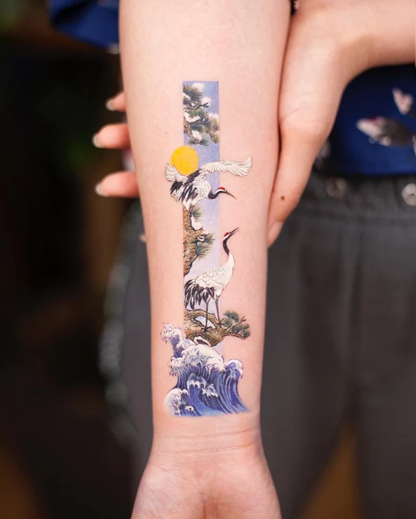 Japanese Crane, Wave tattoo on Forearm
