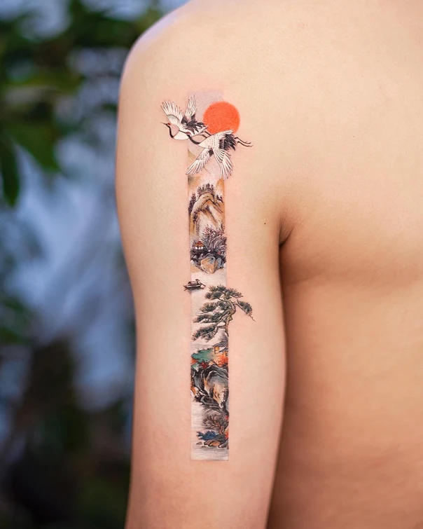 Japanese Cranes, Landscape tattoo on Shoulder