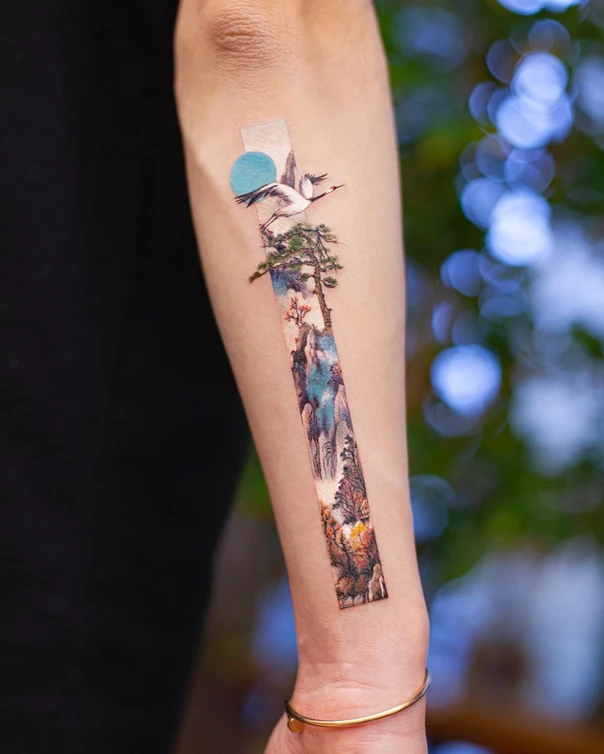 Japanese Crane, Landscape tattoo on Forearm
