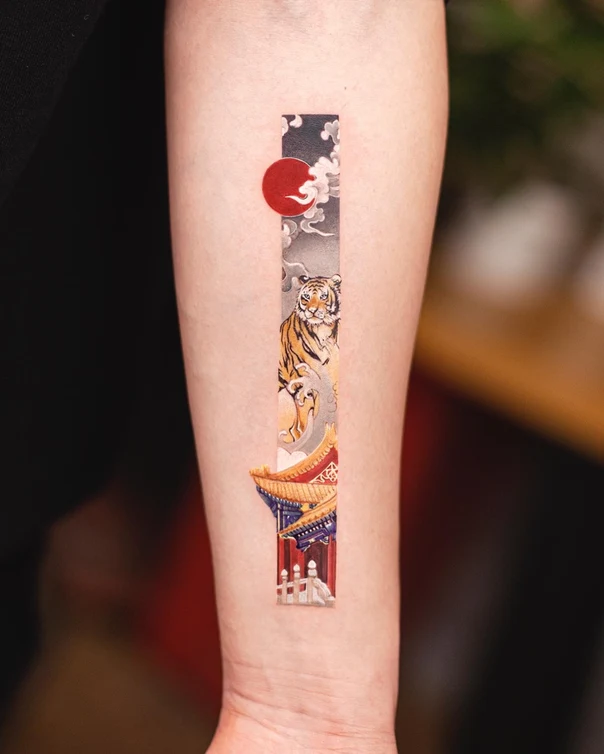 Japanese Tiger, Temple tattoo on Forearm