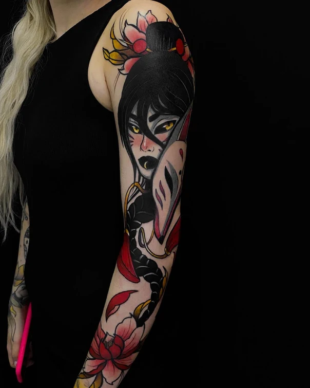 Japanese Woman, Mask tattoo on Full Sleeve