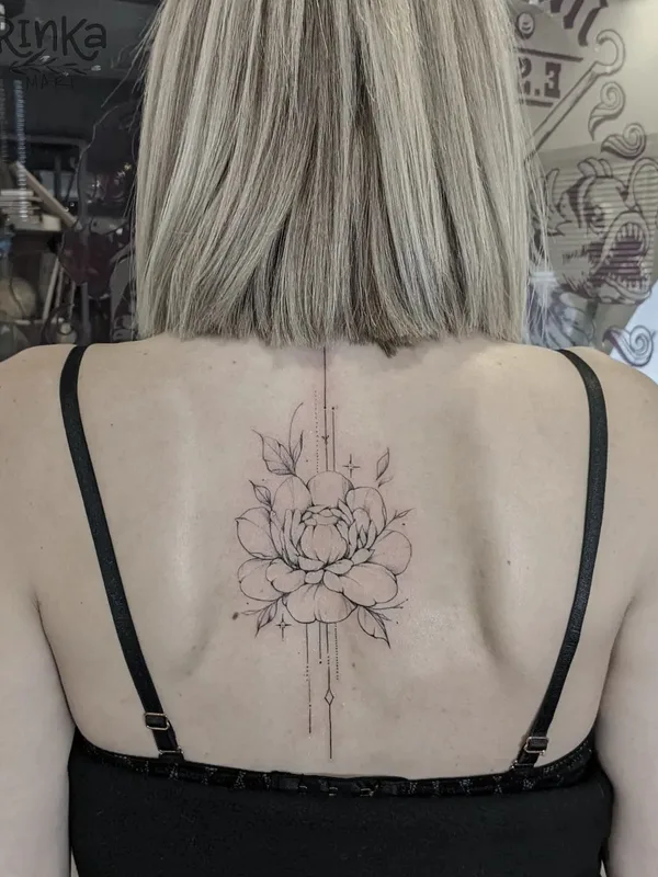 female black fineline tattoo on upper back #52250 | Tattoo Artist Марина Филимоненко