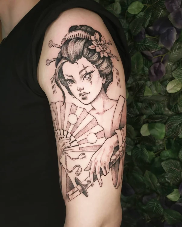 Японская Geisha, Fan tattoo на Плечо