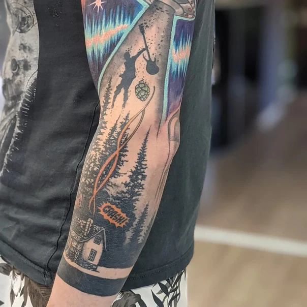 Иллюстративная Landscape, Guitar tattoo на Предплечье