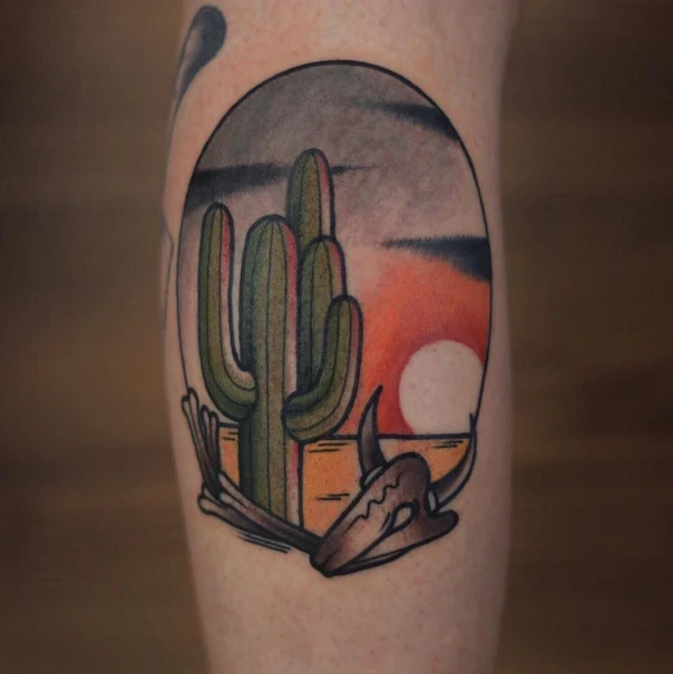 Old School Cactus, Skull tattoo on Calf