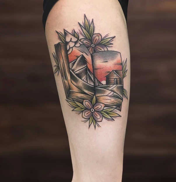 Нео-традиционная Book, Mountains tattoo на Thigh