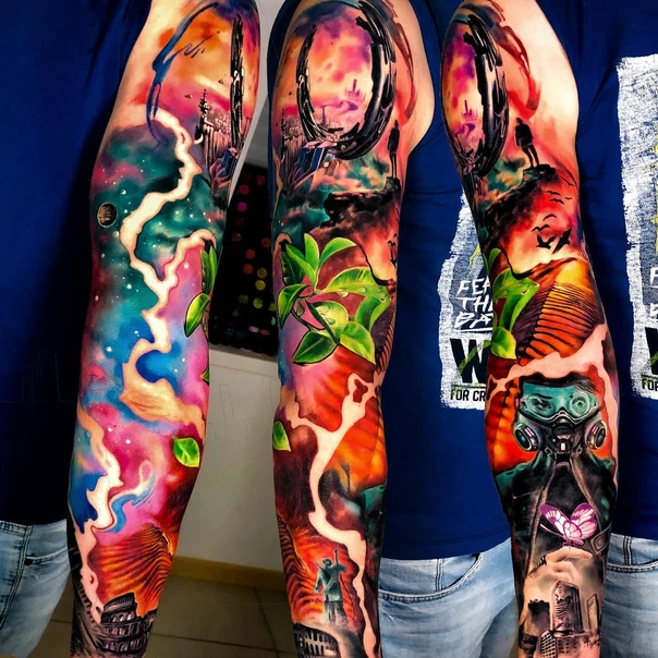 Акварель Galaxy, Cityscape tattoo на Полный рукав