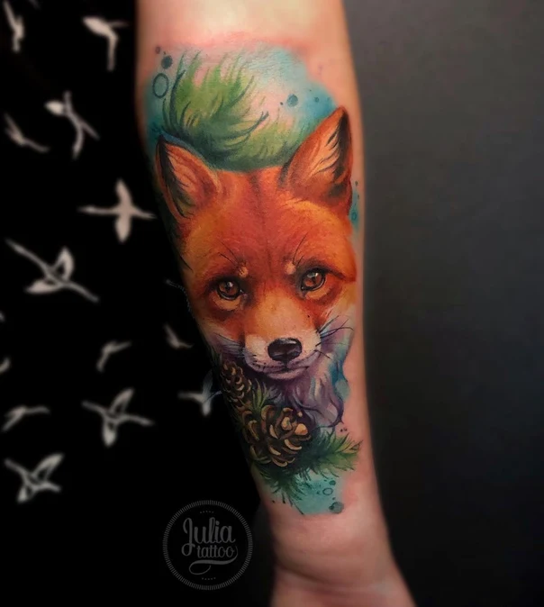 Акварель Fox, Pinecone tattoo на Предплечье