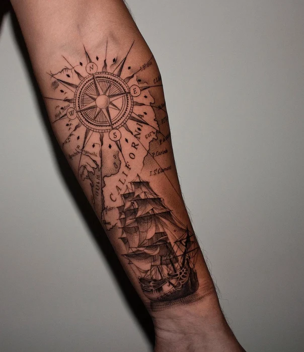 Чёрно-серая Compass, Map tattoo на Предплечье