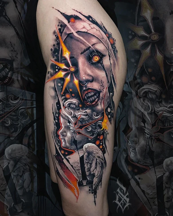 Реализм Face, Angel tattoo на Thigh