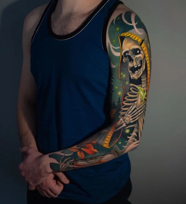Нео-традиционная Skeleton, Floral tattoo на Полный рукав