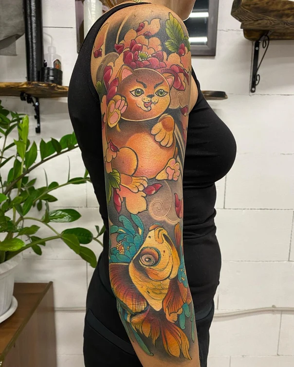 Японская Cat, Fish tattoo на Полный рукав