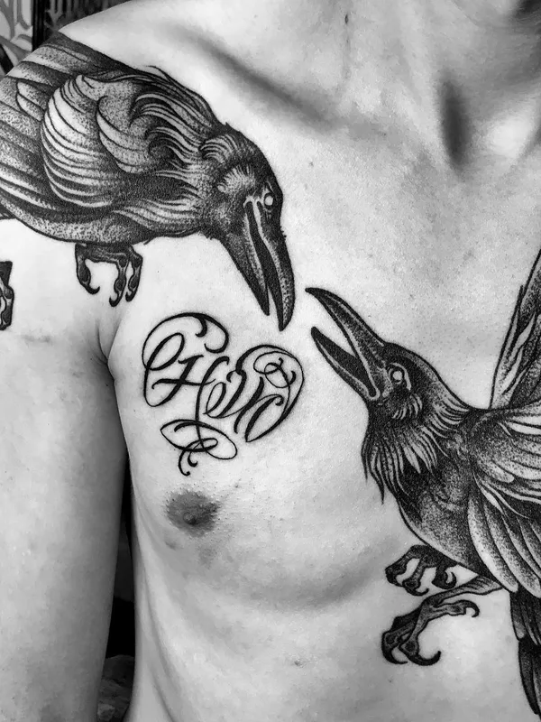 male black and grey blackwork 纹身 在 chest #52814 | 纹身师 Игорь Поульсен