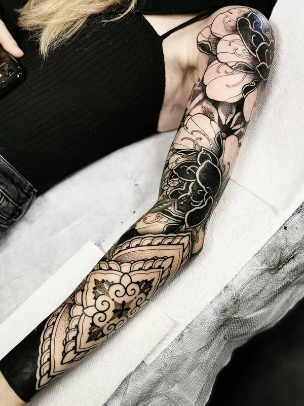 female black blackwork tattoo on full sleeve #63946 | Tattoo Artist Boris Bianchi