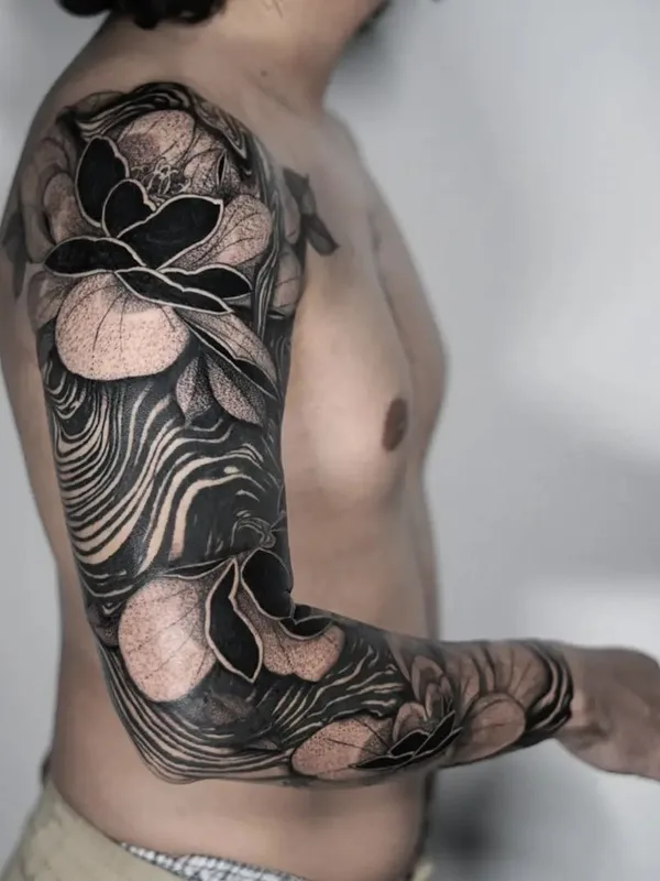 male black and grey blackwork tattoo on full sleeve #63941 | Tattoo Artist Boris Bianchi