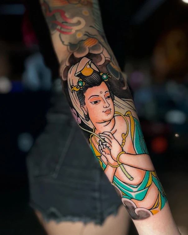 Japanese Buddha, Clouds tattoo on Full Sleeve