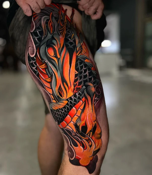 Japanese Dragon, Fire tattoo on Thigh