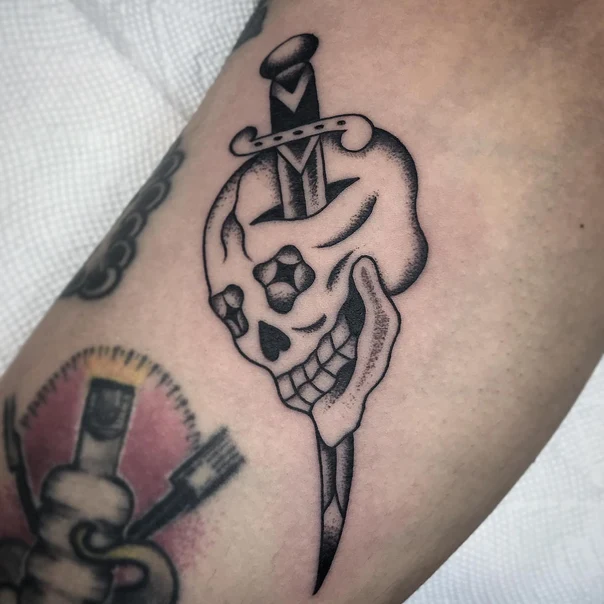 Old School Skull, Dagger tattoo on Forearm