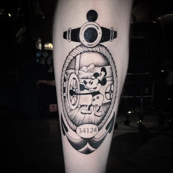 Blackwork Anchor, Mickey mouse tattoo on Calf