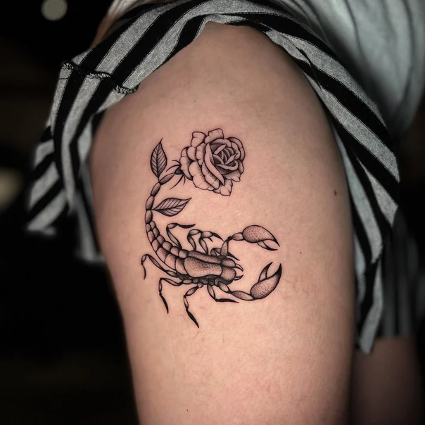 Blackwork Scorpion, Rose tattoo on Thigh