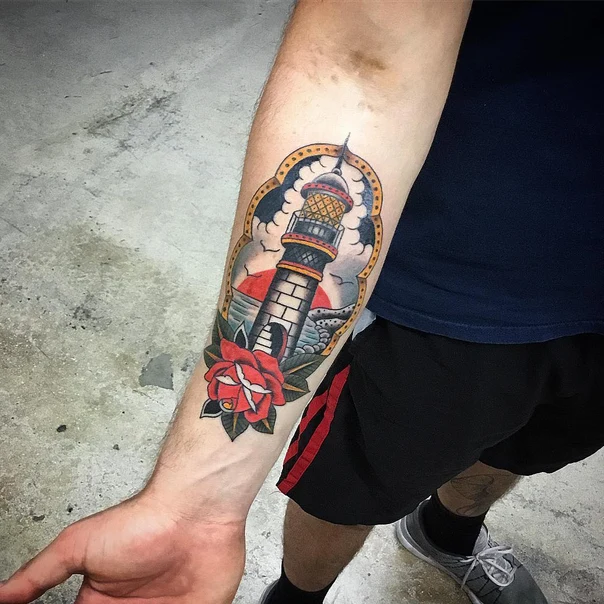 Traditional Lighthouse, Rose tattoo on Forearm