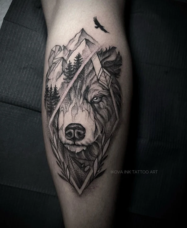 Black & Grey Bear, Mountain tattoo on Calf