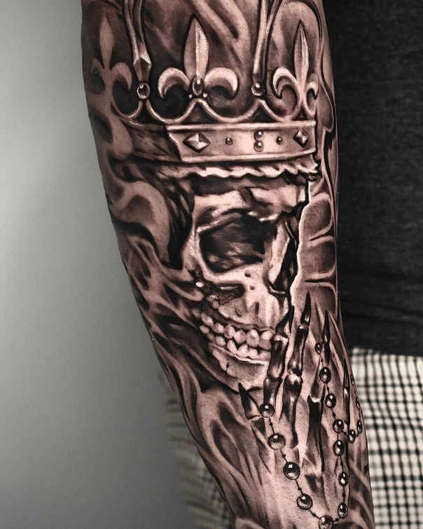 Black & Grey Skull, Crown tattoo on Forearm
