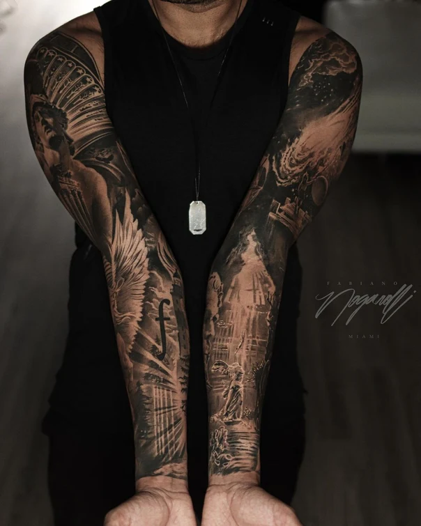Realism Angel, Architecture tattoo on Full Sleeve