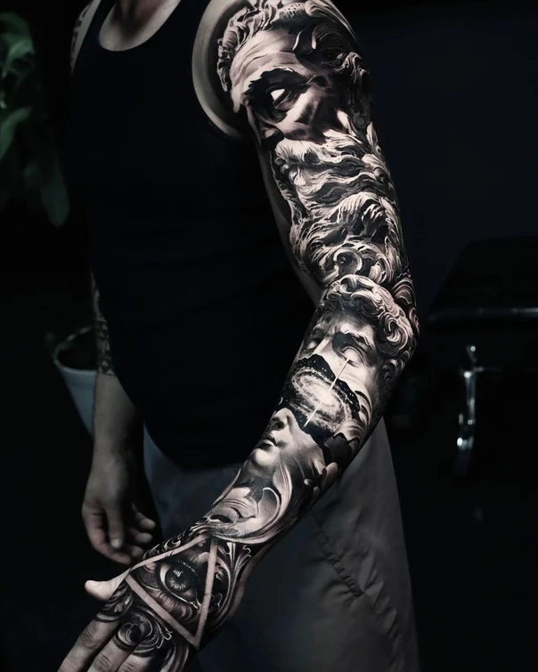Realism Portrait, Eye tattoo on Full Sleeve