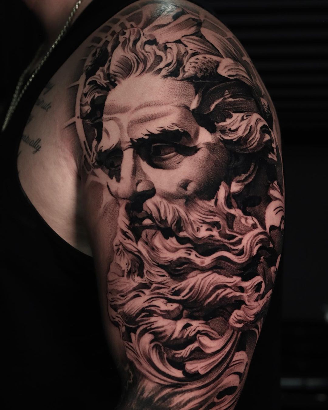 Tattoo uploaded by Alo Loco Tattoo • Neptune, God of the sea, portrait  sleeve tattoo in black and grey realism, London, UK | #blackandgreytattoos  #realistictattoos #neptunetattoos #sleevetattoos #portraittattoos • Tattoodo