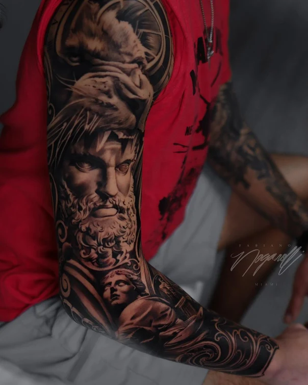 Realism Lion, Greek god tattoo on Full Sleeve