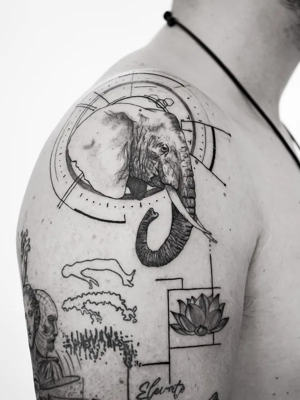 men black abstract, graphic, fineline Tatuaggio su shoulder #64042 | Tatuatore KathePla