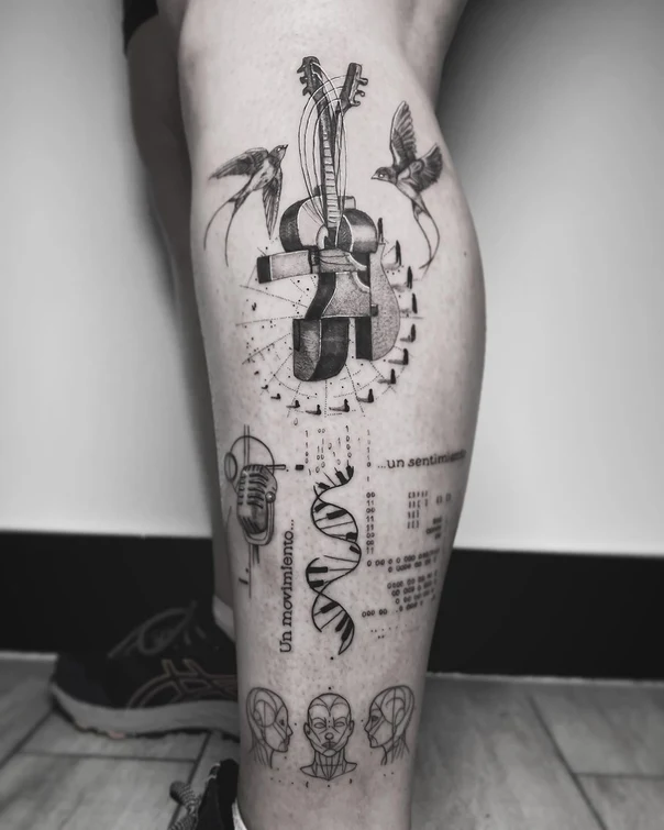 Blackwork Guitar, Birds tattoo on Calf