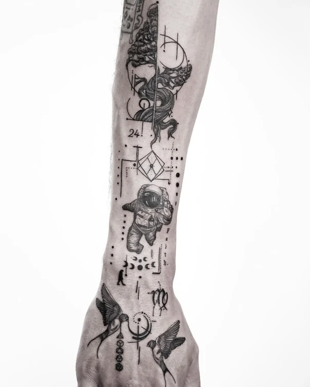 Linework Astronaut, Birds tattoo on Forearm