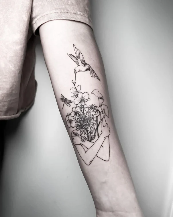 Fineline Hummingbird, Flowers tattoo on Forearm