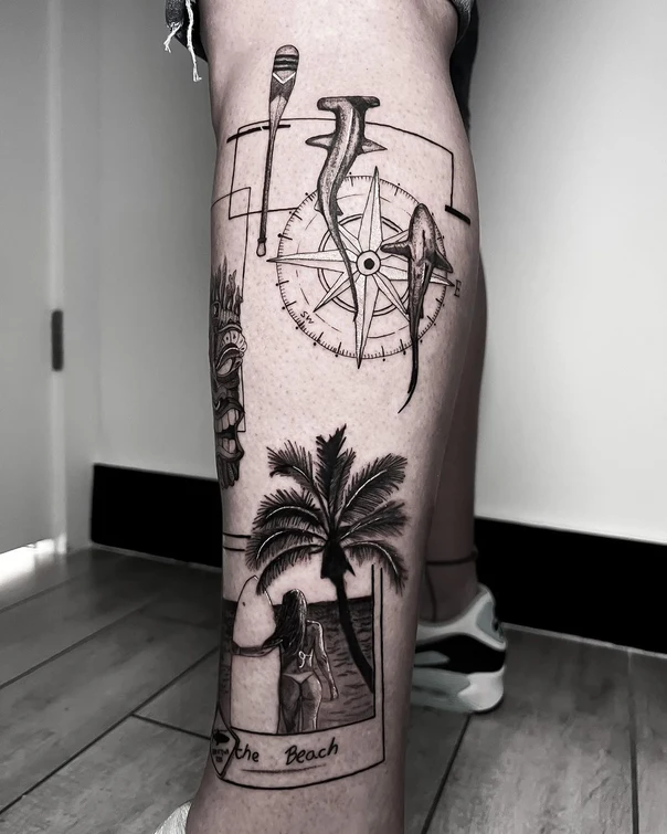 Blackwork Compass, Shark tattoo on Calf